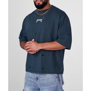 YOUNGLA Mens Teal Distressed T-Shirt Oversized Cropped Graphic Tee‎ Sz Large New